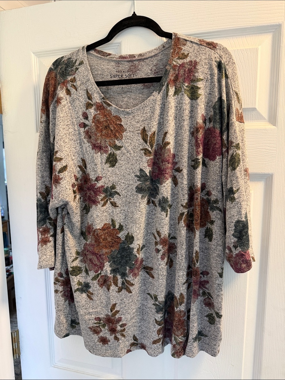 torrid Gray Floral V-Neck Tunic with Rose and Olive Accents